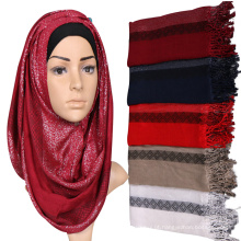 2017 cor sólida listrada mulheres planície árabe muçulmano árabe glitter um pedaço de peru cachecol hijab com borlas